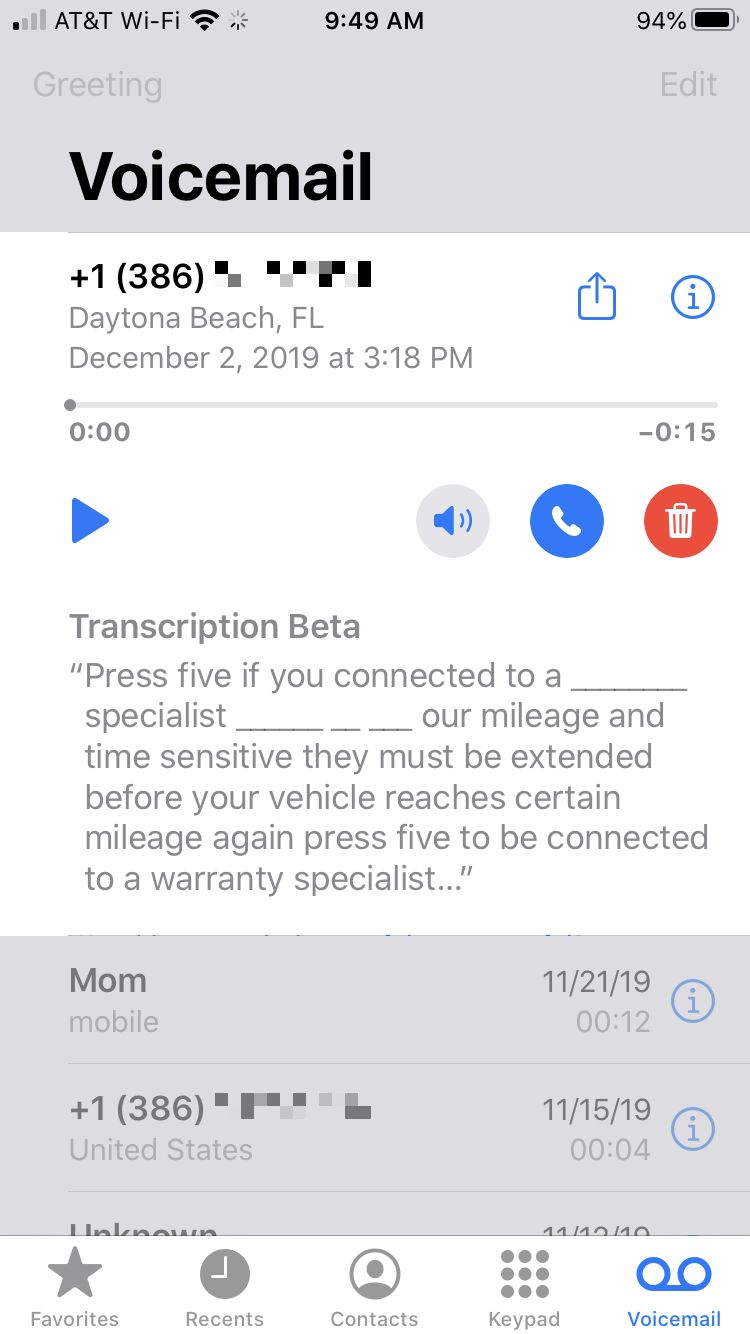 Actions de messagerie vocale iPhone