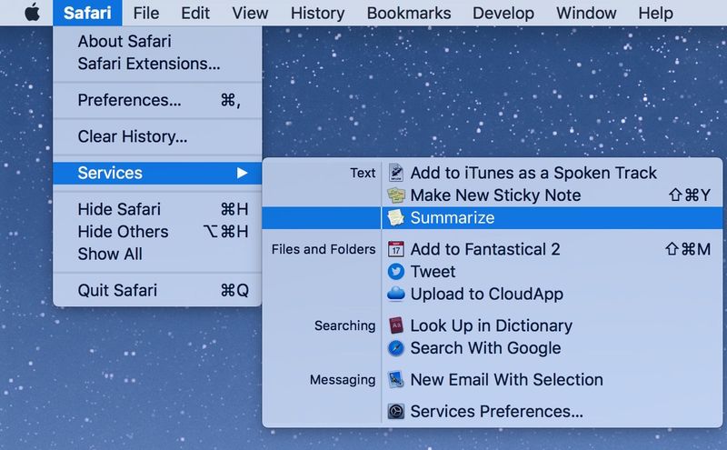 Résumer du texte dans Safari