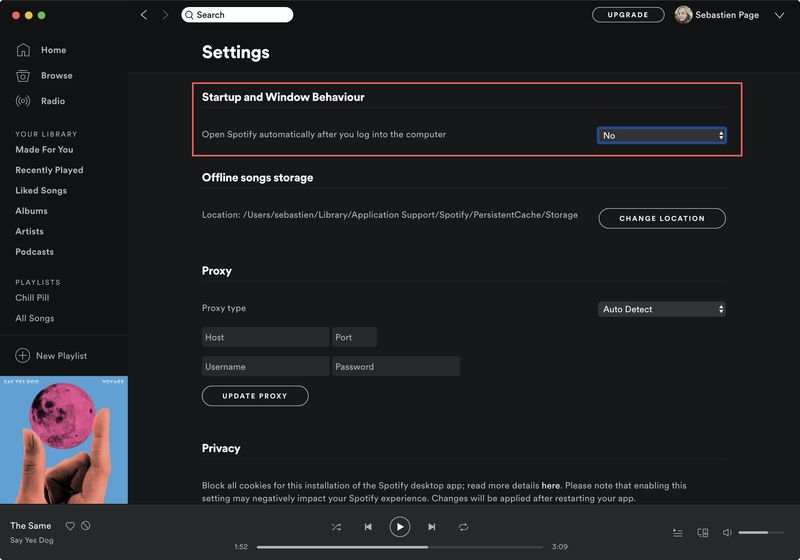 Comportement de la fenêtre de démarrage de Spotify